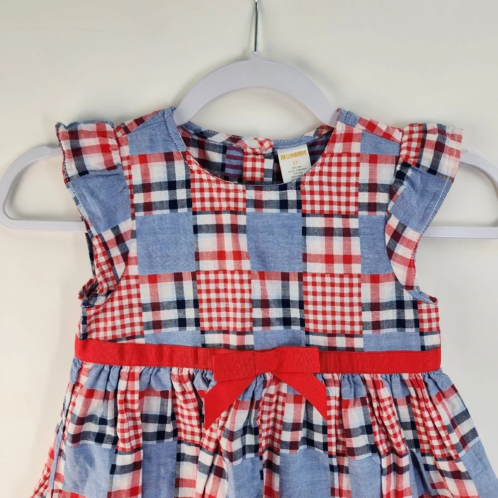 Gymboree Dress Girls 5T Patriotic Patchwork Red Blue Cap Sleeve Bow